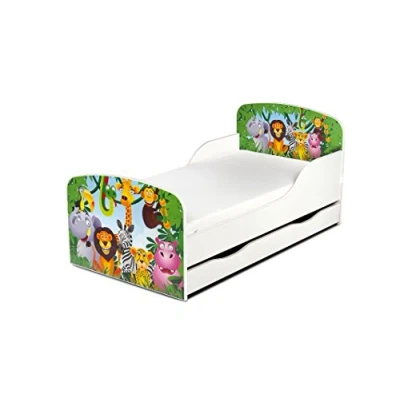 Immagine di leomark Letto per bambini in legno, cassetto e materasso, rete a doghe, mobili bambino, magnifiche stampe, dimensioni del materasso 140 x 70 cm, colore bianco con motivo: GIUNGLA