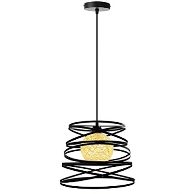 Immagine di iDEGU lampada a sospensione vintage Lampadario creativo da soffitto di design spirale paralume in metallo con sfera rattan retrò sospensione, 30cm, nero