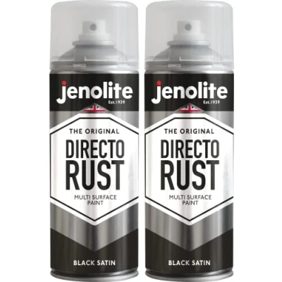 Immagine di JENOLITE Directorust Vernice Satinata NERO spray multisuperficie Per l&#039;uso su aperture in legno, metallo, plaspa, ceramiche e arrugginite 2 x 400 ml (RAL 9005)