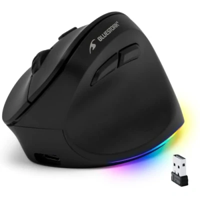 Immagine di Bluestork Mouse Verticale Senza Fili 2.4GHz Ricaricabile Ergonomico DPI Regolabile 800 2400DPI 6 Pulsanti LED RGB Prevenzione della Sindrome del Tunnel Carpale PC Mac NUOVO 2024