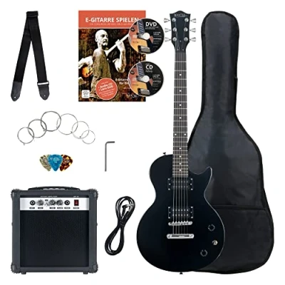 Immagine di Rocktile Banger&#039;s Pack Set Chitarra Elettrica Nera Kit Completo per Chitarre Elttriche con Amplificatore 25W, Custodia Morbida, Cavo, Tracolla, Tremolo, Plettri LP Style Single Cut