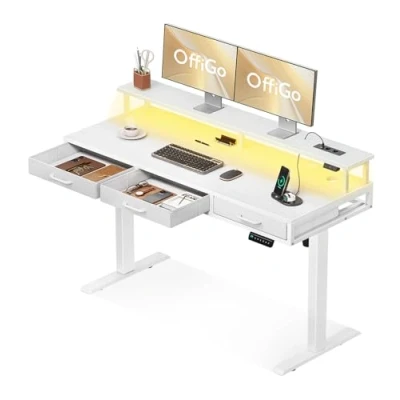 Immagine di OFFIGO Scrivania Regolabile in Altezza con Cassetti, 140cm Elettrica Supporto per Monitor, Gaming Prese e Luce LED, Standing Desk, Bianco
