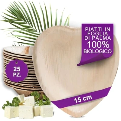 Immagine di Waipur Piatti in Foglia di Palma Biologici 25 a Forma Cuore 15 cm usa e getta Compostabili Alta Qualità Eleganti Resistenti Come Bamboo