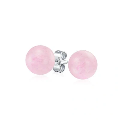 Immagine di Semplici Orecchini A Perno In Pietra Semipreziosa Di Quarzo Rosa Chiaro Per Donne Adolescenti Argento Sterling .925 Sfera Rotonda Da 8MM