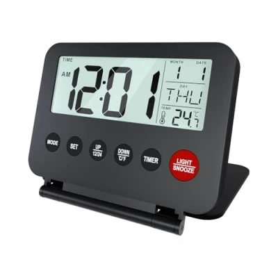 Immagine di MMOBIEL Piccola Sveglia Digitale da Viaggio a Batteria Portatile Orologio Digitale, Sveglia, Timer, Snooze, Temperatura e Retroilluminazione (Batterie Non Incluse) Nero