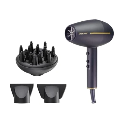 Immagine di Beper Asciugacapelli Professionale con Motore Ac, 2 Velocità e 3 Temperature, Modalità di Aria Calda Fredda, Potenza 2400W Nero/Oro