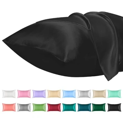 Immagine di Lirex Set di 2 Federe in Raso 50x101cm, Protezione Capelli e Pelle &amp; Antirughe, Chiusura a Busta,(Nero)