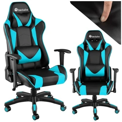 Immagine di TecTake® Poltrona da Ufficio Ergonomica, Sedia Gaming con Braccioli Imbottiti, Doppie Rotelle Resistenti, Struttura Robusta, Regolabile, Portata fino a 120 kg Nero/Azzurro