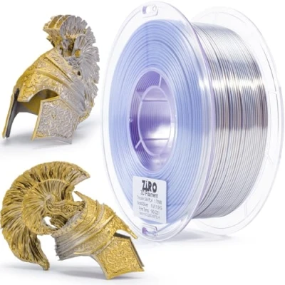 Immagine di ZIRO PLA Filamento di Seta Coestrusione a Doppio Colore 1,75mm per Stampante 3D e Penna 3D, Arcobaleno Multicolore, 1kg (2.2 libbre), Oro Argento