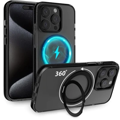 Immagine di MyGadget Custodia per iPhone 14 Pro [compatibile con MagSafe e supporto a 360] Cover magnetica ibrida [retro rigido bordo in silicone] Nero