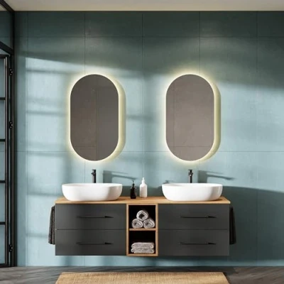 Immagine di Planetmöbel LUX Set di mobili da bagno con mobiletto 170 cm, sospeso, 2 lavabi 42 colore bianco, lavabo dorato/antracite
