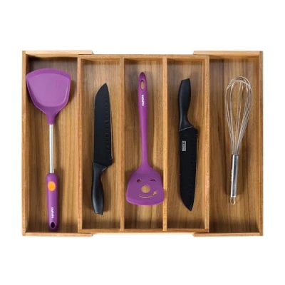 Immagine di Utoplike Organizer per cassetti da cucina in acacia, espandibile, grande vassoio utensili e posate, divisore regolabile posate coltelli