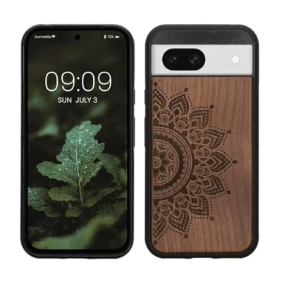 Immagine di kwmobile Custodia Compatibile con Google Pixel 8a Cover Back Case in Legno Bumper Silicone TPU Sole marrone scuro