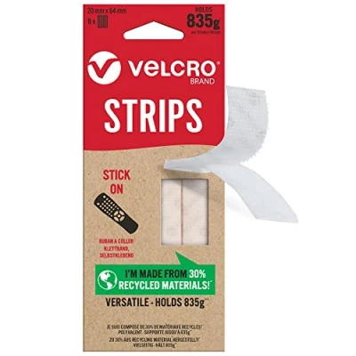 Immagine di VELCRO Strisce adesive ecologiche, senza viti, resistenti e autoadesive, perfette per decorare la stanza casa, l&#039;ufficio, il garage, colore bianco, 20 mm x 64 mm, set da 8