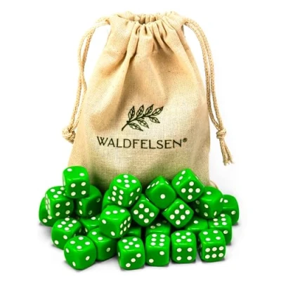 Immagine di Waldfelsen 6, 12, 20, 30 o 50 dadi di alta qualità, dimensioni standard 16 mm, acrilici, da gioco, 6 lati, set accessori gioco con sacchetto stoffa (verde erba, pezzi)