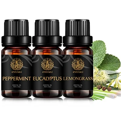 Immagine di Set di oli essenziali per aromaterapia al 100% puri profumati, grado terapeutico menta piperita eucalipto citronella, kit diffusore, massaggi, umidificatore, 3 x 10 ml
