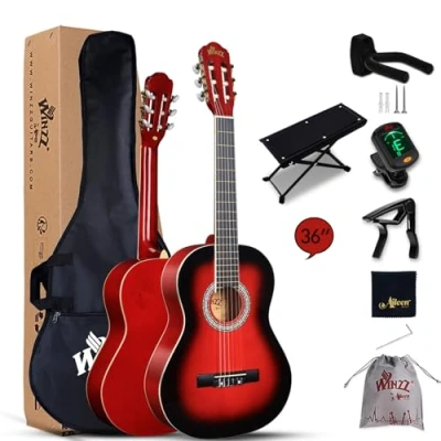 Immagine di Winzz 3/4 chitarra classica per ragazzi studenti adolescenti principianti con Nylon String (36 pollici, Rosso Glossy)