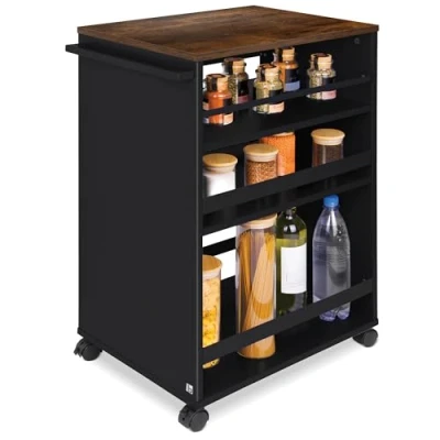Immagine di bomoe carrello da cucina di servizio su rotelle con 3 livelli regolabili legno FSC® alta qualità universale cucine bagno nicchia Bengt nero &amp; marrone