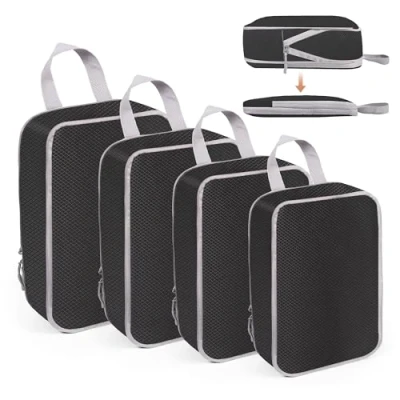 Immagine di WUFANC Set di 4 Pezzi Organizer Valigia, Viaggio Accessori Utili Comprimibili, Impermeabili Resistenti All&#039;usura, Aereo in Grado Soddisfare Tutte Vostre Esigenze (Nero)