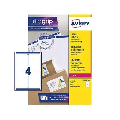 Immagine di Avery etichette autoadesive per indirizzi, stampanti laser, 4 foglio A4, 40 etichette, UltraGrip (L7169)
