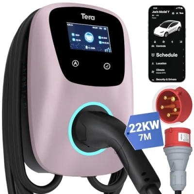 Immagine di Tera Caricatore EV Smart APP: 32 A tipo 2 22 kW o 11 casa stazione di ricarica 400 V CE &amp; TÜV Wallbox 7 m cavo con supporto caricabatterie, controllo app CEE 3 fasi spina per tutti i