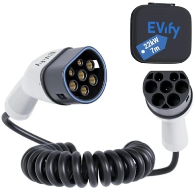 Immagine di EVify Cavo di ricarica a spirale tipo 22 kW 7M 32A per auto elettriche E ibrido con custodia cavi 3 fasi EV PHEV Salvaspazio adatto tutte le modello S X Y,