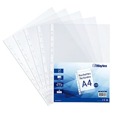Immagine di Waytex 931307 Buste trasparenti con fori, formato A4, 70 micron, confezione da 100