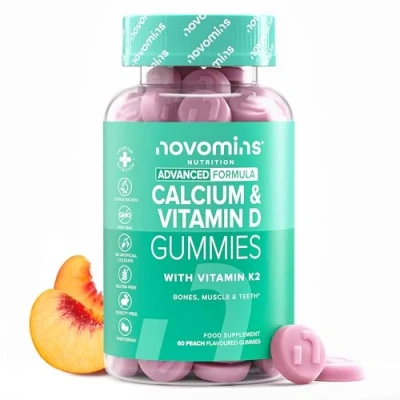 Immagine di Novomins Caramelle Gommose Calcio e Vitamina D 400 mg Integratore Multivitaminico Muscoli Ossa Veg No Glutine Fornitura 1 Mese Vitamine Masticabili con K2