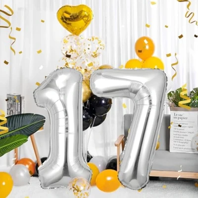Immagine di Palloncini compleanno 17 anni 40 pollici Decorazioni Argento di un ragazzo e una ragazza Pallone gonfiabile in foil