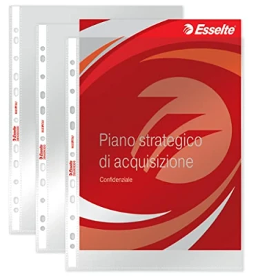 Immagine di Esselte Buste Perforate Deluxe, in PPL Lucido, per Archiviare e Conservare Documenti Formato A4, Confezione da 50 Buste, 395009300