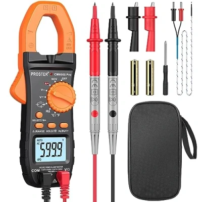 Immagine di Proster Pinza Amperometrica Auto Ranging Tester Multimetro Misura AC/DC Misuratore TRMS 6000 Counts Resistenza Diodi Capacità NCV con Display Retroilluminato Luce e Clip a Coccodrillo