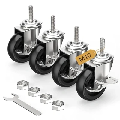Immagine di HOLKIE Ruote piroettanti 75 mm con freni stelo, M10 x 1,5 30 (diametro stelo 10 mm, lunghezza mm) girevoli filettato bloccaggio Set di 4 Heavy Duty Nero