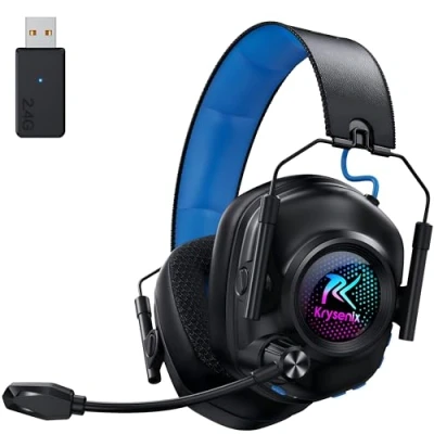 Immagine di Krysenix KGH2 Cuffie Gaming Wireless, 2,4 GHz per PS4, PS5, PC, Mac, Switch, Bluetooth con microfono, Cancellazione del Rumore, Nero Blu