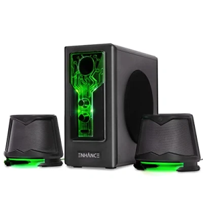 Immagine di ENHANCE SB 2.1 Altoparlanti per Computer con Subwoofer Casse Gaming LED Verte, Sistema Audio ad Alta Escursione, Jack da 3.5mm, Controllo Volume e Bassi, Compatibili PC Gaming, Laptop