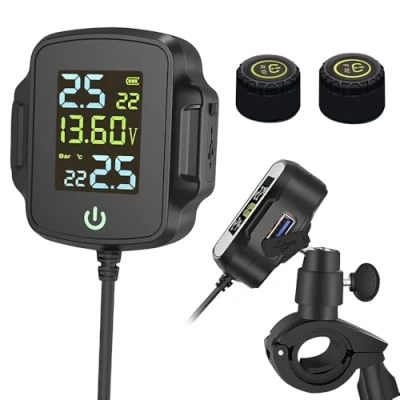 Immagine di Motorcycle TPMS Sistema di Monitoraggio della Pressione dei Pneumatici,Monitoraggio Temperatura e Tensione,con 2 Sensori Esterni Display LCD Allarme