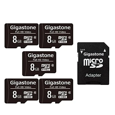 Immagine di Gigastone Scheda di memoria da 8 GB, confezione 5 schede, ad alta velocità lettura fino a 80 MB/s. Ideale per portatile Full HD Video, U1 C10 Micro SDHC UHS I con 2 mini custodie e 1