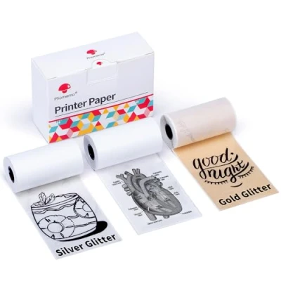 Immagine di Phomemo M02/M02Pro/M02S/M03/M03AS/M04S/M04AS Set di 3 Rotoli Carta per Stampante, Colori Bianco, Glitter Argentato e Dorato, Rolls
