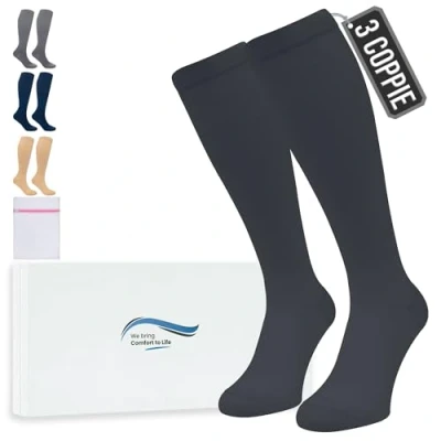 Immagine di 360 Relief Calze Compressione Graduata Donna e Uomo 3 Coppie Solido Colore Gambaletti per Sports, Running, Viaggio, Ciclismo, Lavoro S/M Nero con Borsa Lavanderia