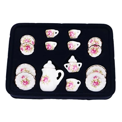 Immagine di WANGCL Set da tè in miniatura per casa delle bambole, 15 pezzi, tazze porcellana, accessori bambole Barbie Lundby,