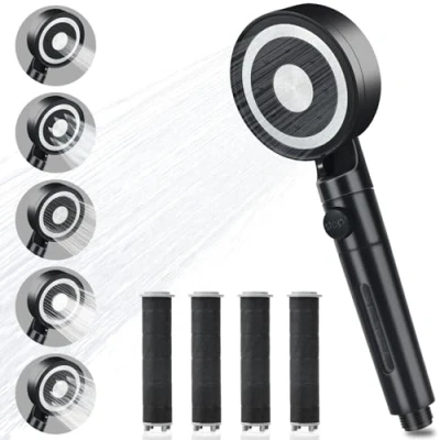 Immagine di Soffione Doccia con 4 Filtro, Anticalcare 5 Funzioni di Getto, Doccino per Alta Pressione Interruttore On/Off, Doccetta Universale Grande, Nero, Senza Tubo