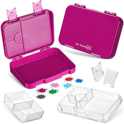 Immagine di My Vesperbox Contenitore porta pranzo per bambini, con 4 + 2 scomparti, estremamente robusto, ideale l&#039;asilo e la scuola (colore viola)