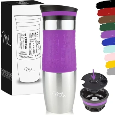 Immagine di Milu Tazza Termica da viaggio per caffè 450ml 100% a Prova di perdite Isolata e tè portare via bere in acciaio inossidabile Caldo freddo (Viola, 450ml)