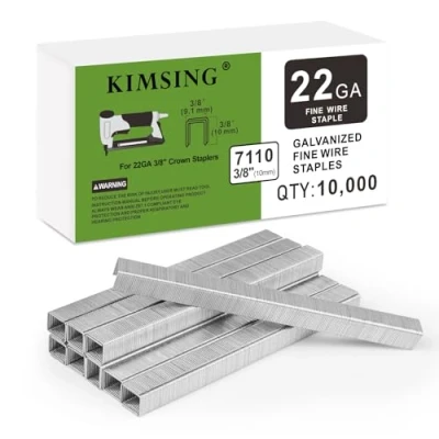 Immagine di Kimsing 7110 22 Gauge 71 Series Zincato Tappezzeria Staples, 3/8 &quot;Corona 3/8&quot; Lunghezza gamba, Elementi di fissaggio per pinzatrice a filo fine (1 scatola)