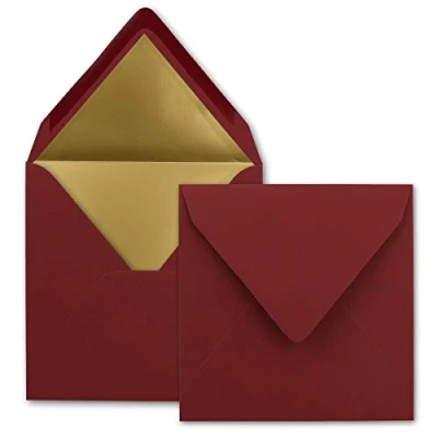 Immagine di 25x buste quadrate 15,5 x cm Colore: rosso scuro foderato con carta metallizzata oro Incollaggio a umido per inviti e saluti cari