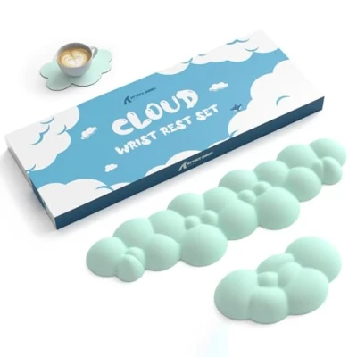 Immagine di ATTACK SHARK Poggiapolsi per Tastiera e Mouse a Forma di Nuvola con set Sottobicchieri,Base Ergonomica Antiscivolo, Supporto Cuscino da Polso Ultra Morbido Digitazione/Gioco Verde Chiaro