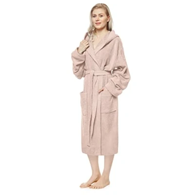Immagine di Accappatoio da donna con cappuccio, lunghezza al polpaccio, 100% cotone spugna, Taglia donna: M, unisex: S Rosa Antico