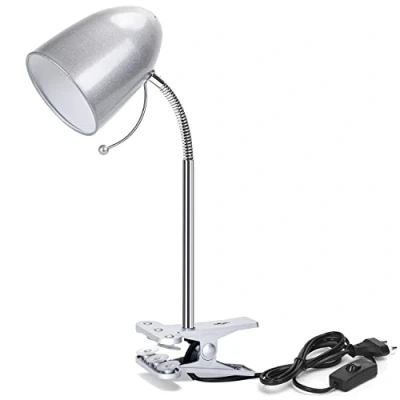 Immagine di Aigostar Lampada da Lettura con Pinza， Scrivania Vintage Clip，Compatibile LED Lampadinea a Modello E27，Max. 11W，Lampadina non Inclusa，Con Metallo Braccio Regolabile e Cavo，Argento