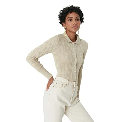 Immagine di Trendyol Cardigan in Tessuto con Colletto a Camicia di Base vestibilità Regolare da Donna Maglione, Pietra, S