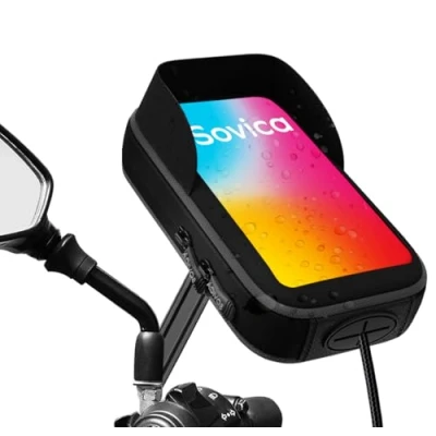 Immagine di Sovica Porta cellulare moto Impermeabile con caricatore Ricarica rapida Custodia Visiera Valida per Smartphone fino a 7&quot; Schermo Fissaggio allo specchietto retrovisore infrangibile