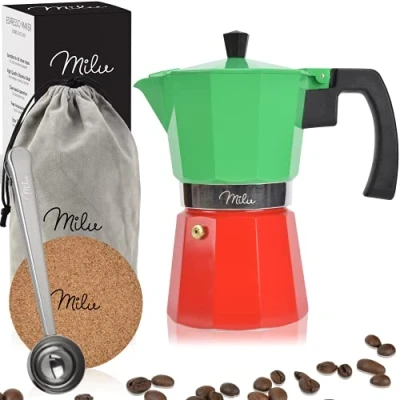 Immagine di Milu Caffettiera (Non Induzione) 2, 3, 6,9 Tazze Espresso in Alluminio, Set comprendente sottobicchiere, cucchiaio, spazzola (Italia, 3 (150ml)